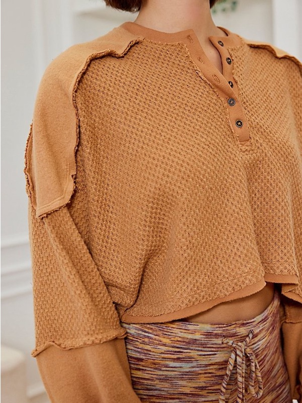 Out From Under Mel Cozy Pieced Henley Top M Coral Thermal Urban Outfitters